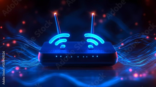 A sleek Wi-Fi router with dual-band technology delivers high-speed internet, ensuring smooth online streaming in a modern book illustration style.