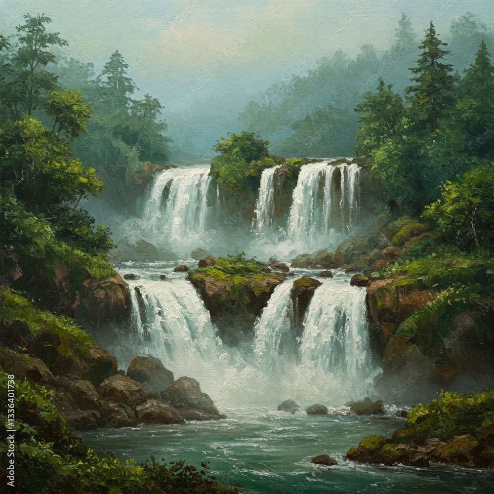Naklejka premium Majestic Waterfall Cascading Through a Green Valley – 4K HD High-Quality Oil Painting Natural Wallpaper Background