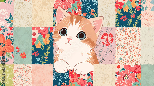 Cute white cat in an artistic patchwork background with floral and colorful textile elements
