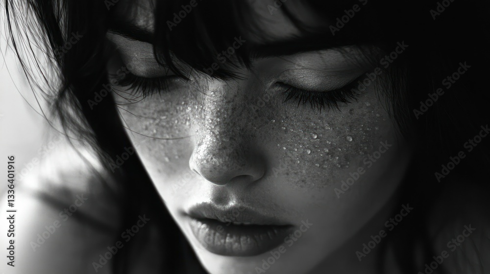 Fototapeta premium A close up black and white portrait of a woman facing down