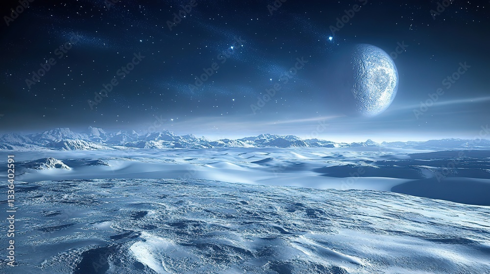 Naklejka premium Celestial darkness engulfs the North Pole with faint auroras, a rare cosmic spectacle. 
