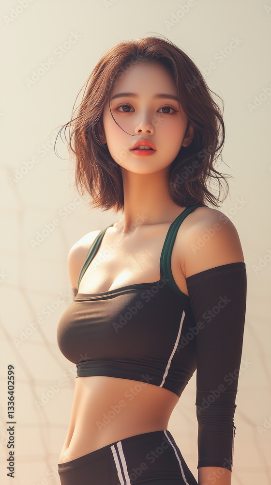 Fototapeta premium 美女, 女性, 美しい, 顔, モデル, 日本, 韓国, アジア, バレーボール, スポーツ, ファッション, 美しさ, 髪の毛, うっとりさせる魅力, 人, ブルネット, 肌, 人々, 唇, スタジオ, 目, 化粧, ドレス, 優雅, 長い, 体, 笑う, 女, フィットネス, トレーニング, エクササイズ, かみ合い, 細い, 健康