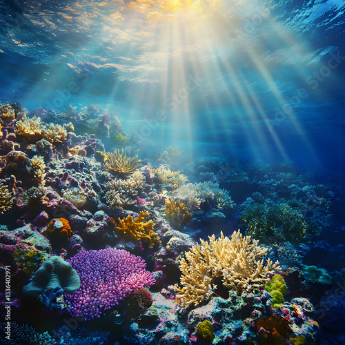 Fototapeta Naklejka Na Ścianę i Meble -  A colorful coral reef with many different types of sea plants