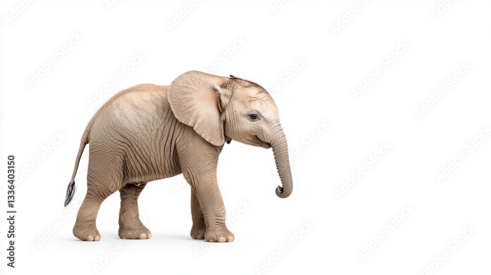 Obraz premium The image is of a baby elephant walking on a white background. the elephant is light brown in color and appears to be walking with its trunk extended towards the right side of the image.