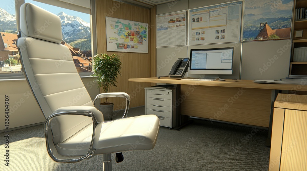 A modern office workspace featuring a comfortable executive chair A modern office workspace featuring a comfortable executive chair