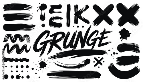 A high-resolution collection of black ink grunge brush strokes, splatters, and stains on a white background.