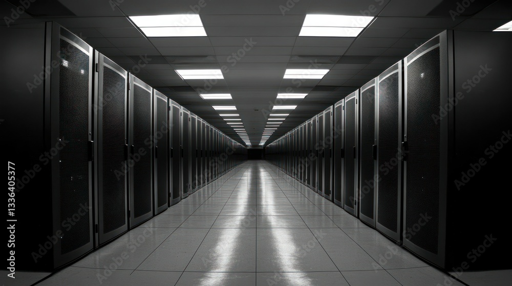 Rows of server racks illuminate a dark computer data center Rows of server racks illuminate a dark computer data center