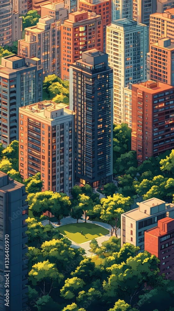 Obraz premium A vibrant urban landscape showcasing modern skyscrapers surrounded by lush green parks, blending nature and architecture beautifully.