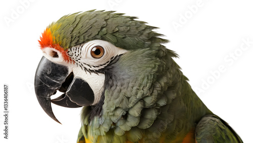 Green Parrot Macaw Close-Up isolated on transparent background.