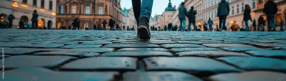 A Person Walks Along A Cobblestone Street At Dusk A Person Walks Along A Cobblestone Street At Dusk