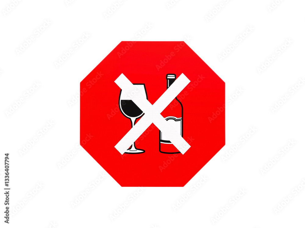 Obraz premium No-alcohol sign, A bold red octagonal sign with a crossed-out wine glass and bottle, symbolizing a strict no-alcohol policy, prohibition, or responsible behavior, isolated on a transparent background