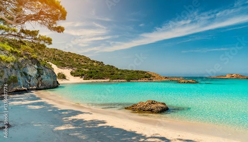 Sunny beach with turquoise waters and clear skies