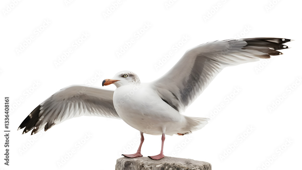 Obraz premium Seagull with Wings Spread on Rock isolated on transparent background.