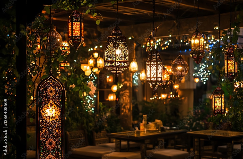Fototapeta premium Elegant Moroccan Lanterns Warm Night Festive Lighting Design Decor Cozy Gold Glow Amber Brown Metal 
