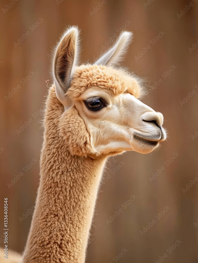 Naklejka premium Close-up portrait of a llama's head and neck. the llama is facing towards the right side of the image, with its head turned slightly to the left.