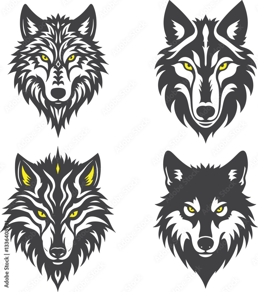 Fototapeta premium A black silhouettes set of Wolf heads design vector illustration isolate on white background