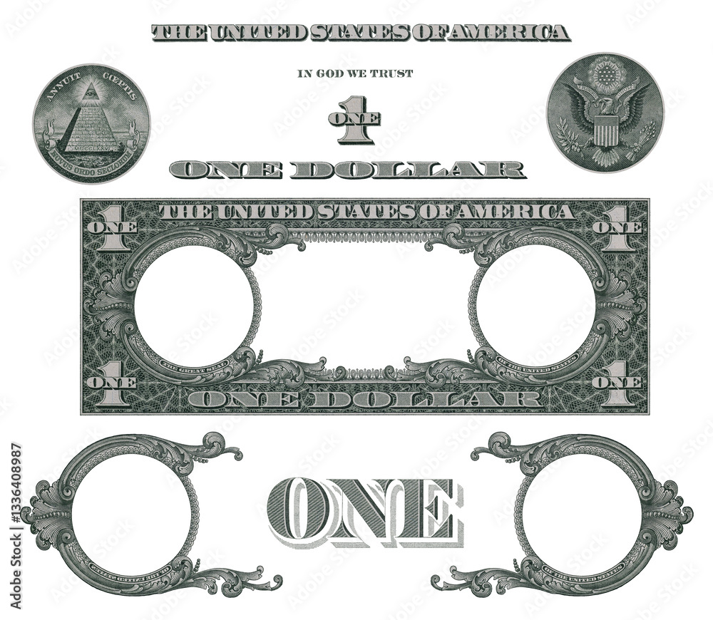 Elements of 1 US dollar banknote