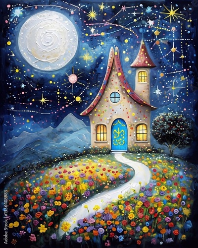 Fairytale house under the moon: a bright and detailed illustration of a fairytale house on a flower-filled hill under a starry sky.