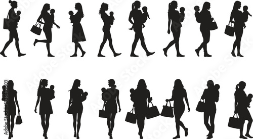 Silhouette set of mothers carrying babies and shopping bags vector illustration