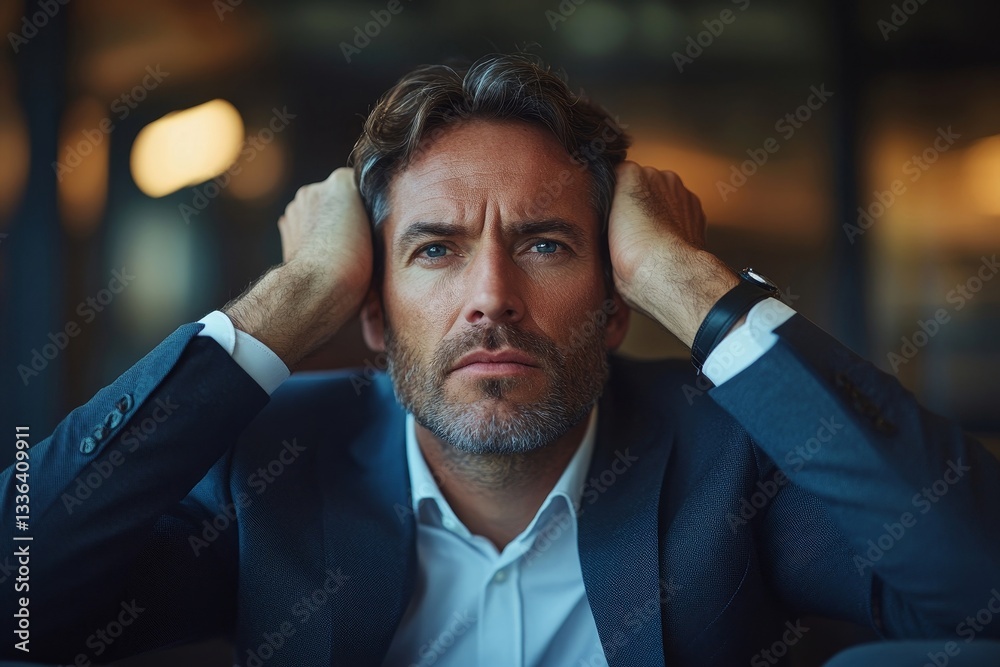 a businessman with a distressed look holds his head in his hands. a businessman with a distressed look holds his head in his hands.