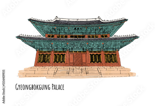 Hand drawn sketch of Gyeongbokgung Palace in Seoul. Vector illustration of traditional Korean palace isolated on white background.