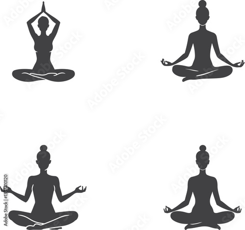 A Black Silhouette Set of Yoga and Meditation Poses for Relaxation and Wellness Vector Illustrations