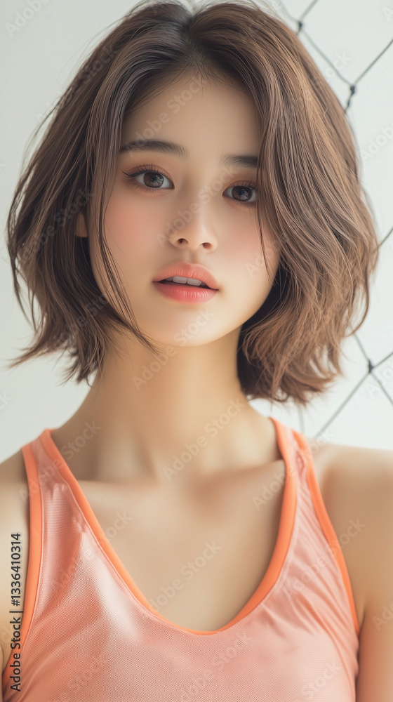 Fototapeta premium 美女, 女性, 美しい, 顔, モデル, 日本, 韓国, アジア, バレーボール, スポーツ, ファッション, 美しさ, 髪の毛, うっとりさせる魅力, 人, ブルネット, 肌, 人々, 唇, スタジオ, 目, 化粧, ドレス, 優雅, 長い, 体, 笑う, 女, フィットネス, トレーニング, エクササイズ, かみ合い, 細い, 健康