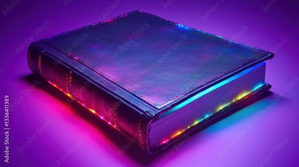 A closed book illuminated with bright and colorful neon lights A closed book illuminated with bright and colorful neon lights