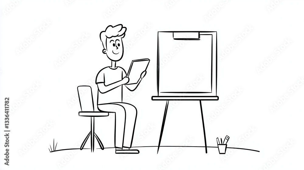 Fototapeta premium person sits on chair reading book in front of blank easel, with cup of pens nearby