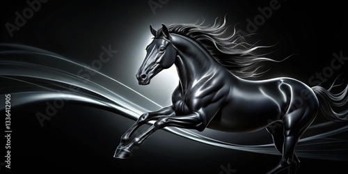 Majestic Black Stallion in Dynamic Motion Against a Dark Abstract Background