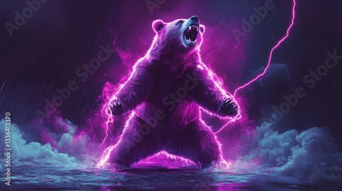 Enigmatic neon bear roaring amidst electric storm of vibrant and electrifying energies