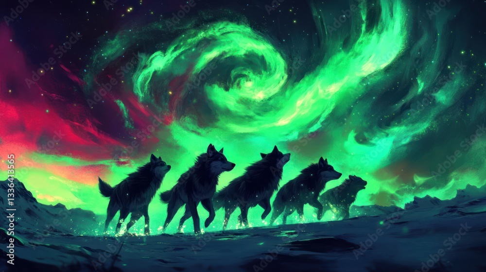 Fototapeta premium A pack of wolves traverses a snowy landscape under an aurora filled sky