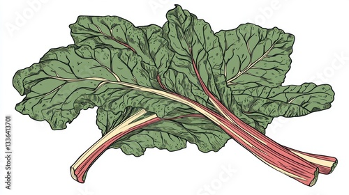 Detailed Illustration of Vibrant Green and Red Rhubarb