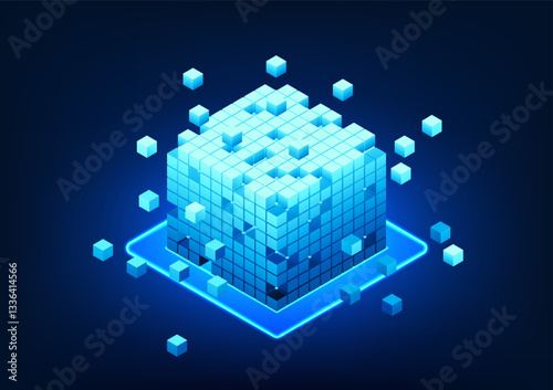 Blockchain technology, a series of separate square boxes that represent the technology of storing data in a network through computer encryption. The recorded data will be transmitted on the network.