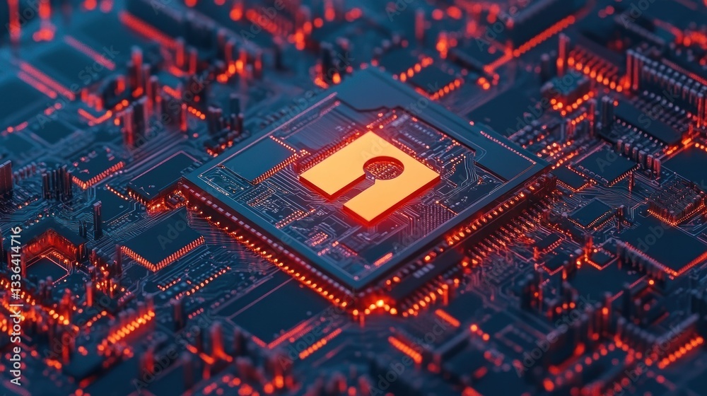 A macro photograph depicts an illuminated computer processor circuit board A macro photograph depicts an illuminated computer processor circuit board