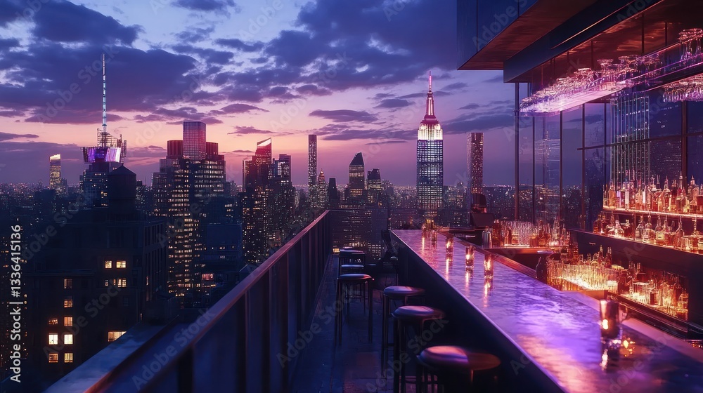 Fototapeta premium New York City skyline from luxurious rooftop bar with atmospheric lighting