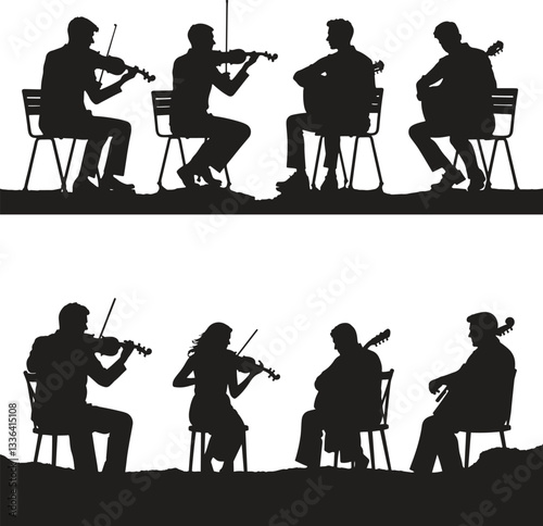 Silhouette of an orchestra playing classical music on stage vector art illustration isolate on white background 
