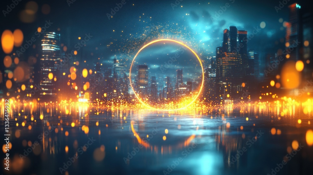 Fototapeta premium A futuristic cityscape glows brightly with an illuminated ring around it