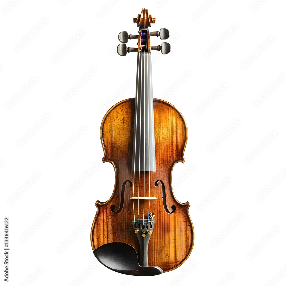 Fototapeta premium A beautifully crafted violin with rich wooden textures and elegant strings, isolated on a white background