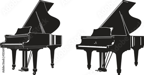 Silhouette Two black grand pianos, side by side vector illustration set collection