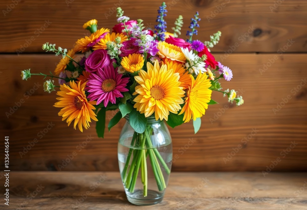custom made wallpaper toronto digitalVibrant floral arrangement in elegant glass vase on rustic wood, wooden surface, floral design