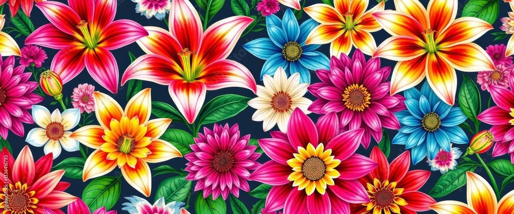 Vibrant floral seamless pattern featuring lilies and dahlias , flowers, wedding Vibrant floral seamless pattern featuring lilies and dahlias , flowers, wedding