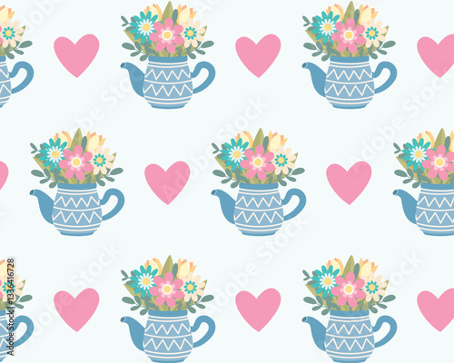 Flowers in a teapot. Hello spring. Vector seamless pattern
