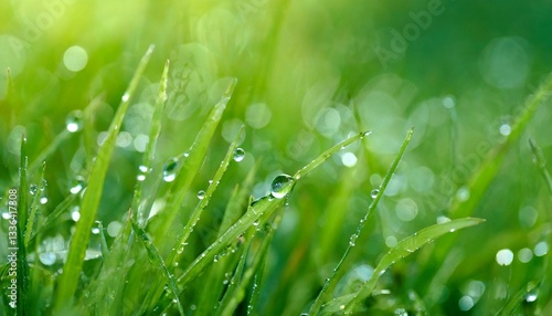 Close-up of dew on vibrant green summer grass