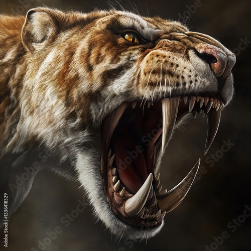 High-quality illustration of a Smilodon, the iconic saber-toothed predator. This prehistoric, extinct feline is depicted in detail, showcasing its powerful build and distinctive long canine teeth.