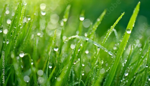Close-up of dew on vibrant green summer grass
