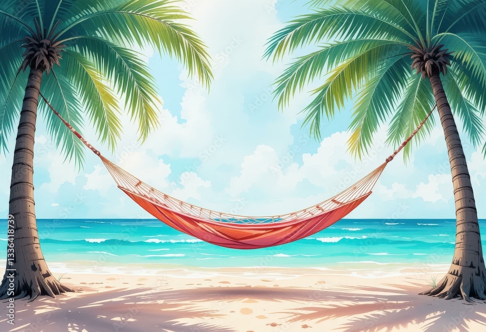 Naklejka premium Tropical Digital Illustration Relaxing Hammock Palm Trees Sandy Beach Turquoise Ocean Clear Blue Sky - Travel Marketing Tropical Vacation Promotions
