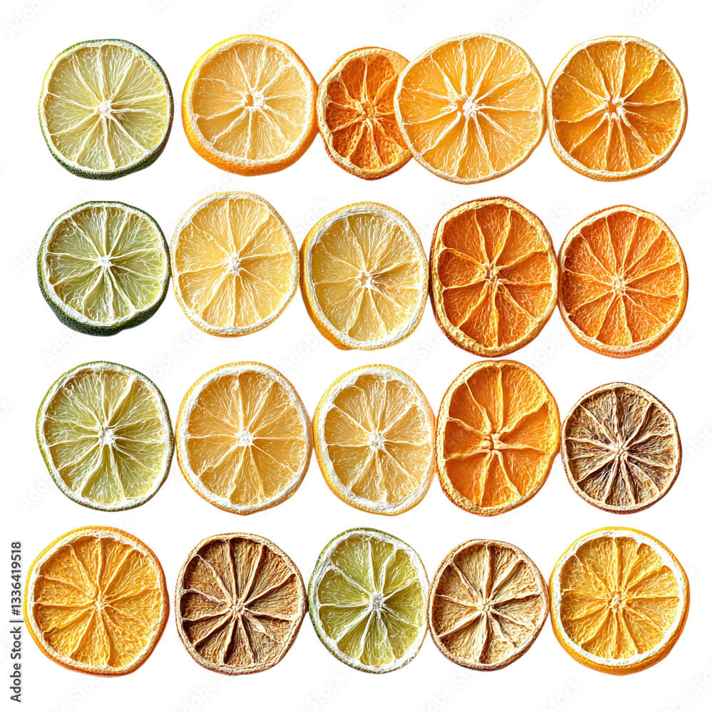 A mix of dried lemon, lime, and orange slices arranged neatly, isolated on a white transparent background. A mix of dried lemon, lime, and orange slices arranged neatly, isolated on a white transparent background.