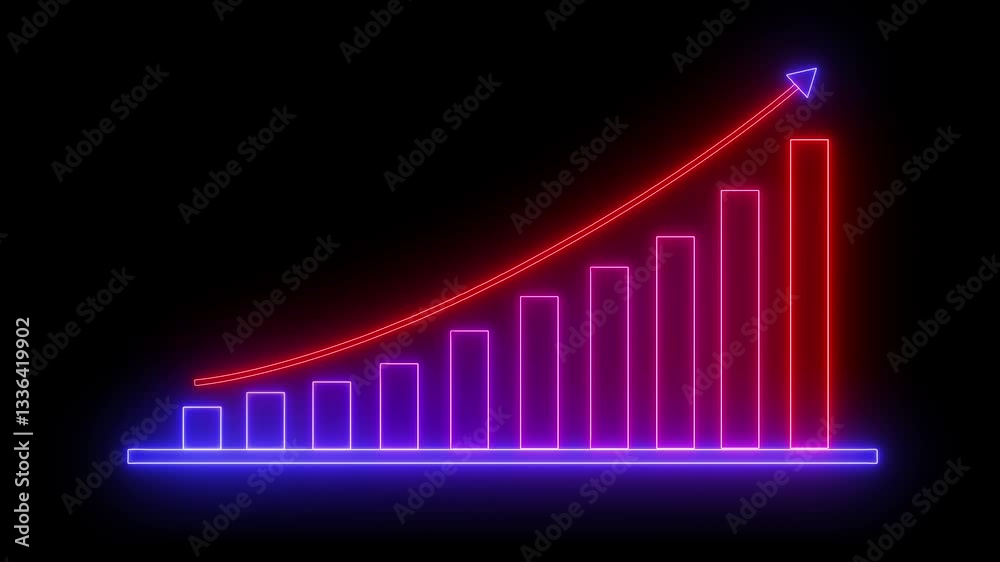 Neon Bar Chart with Upward Trend Arrow Animation, A neon-colored bar chart with an upward trend arrow on a black background