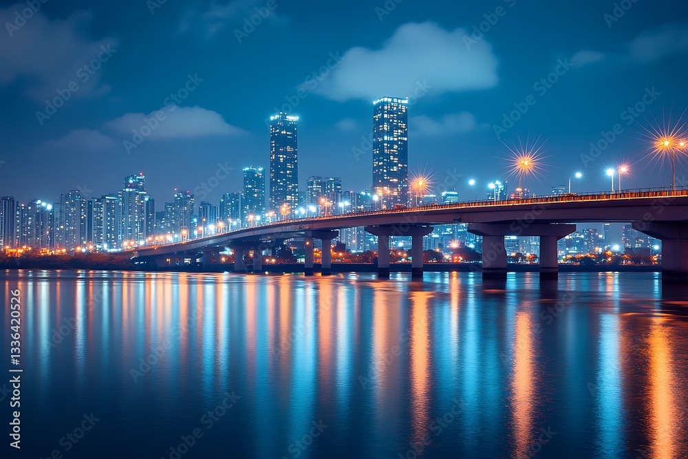 Fototapeta premium marvel at subtle tune of an active cityscape and a roaming waterway where mighty bridges bind regions and luminous towers reflect on quiet pools 
